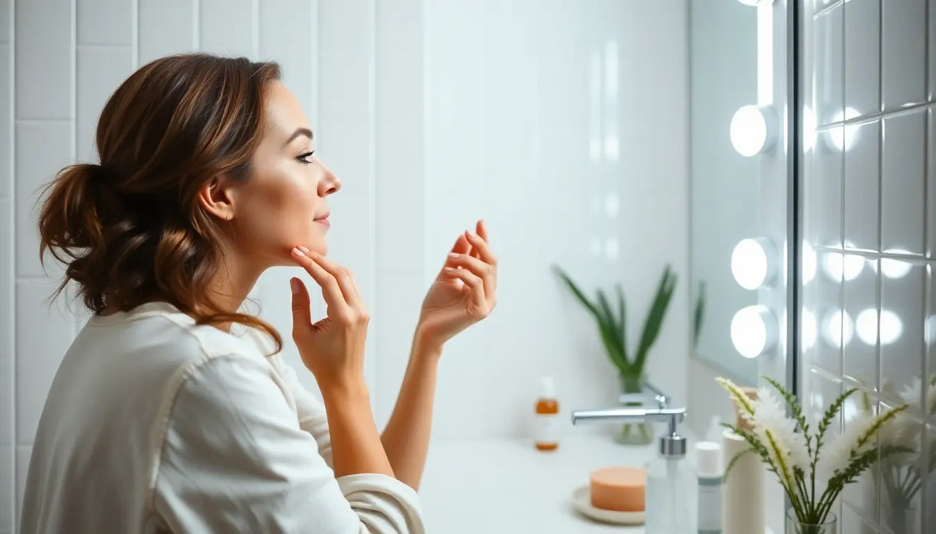 Woman applying Ammuri anti-aging skincare reviews while looking in the mirror at a modern bathroom