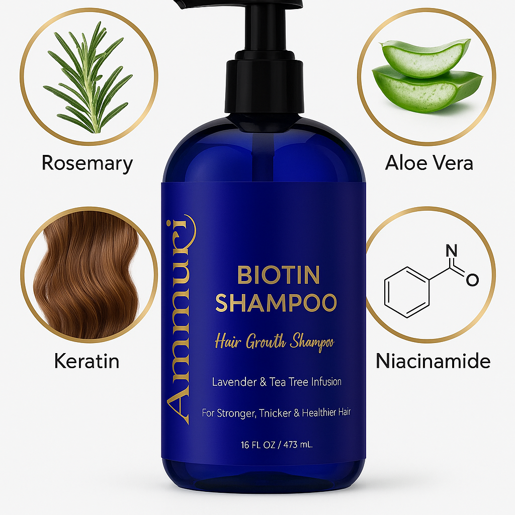 DHT and hair loss explained — Ammuri Biotin DHT Blocker Shampoo to support scalp health and reduce thinning