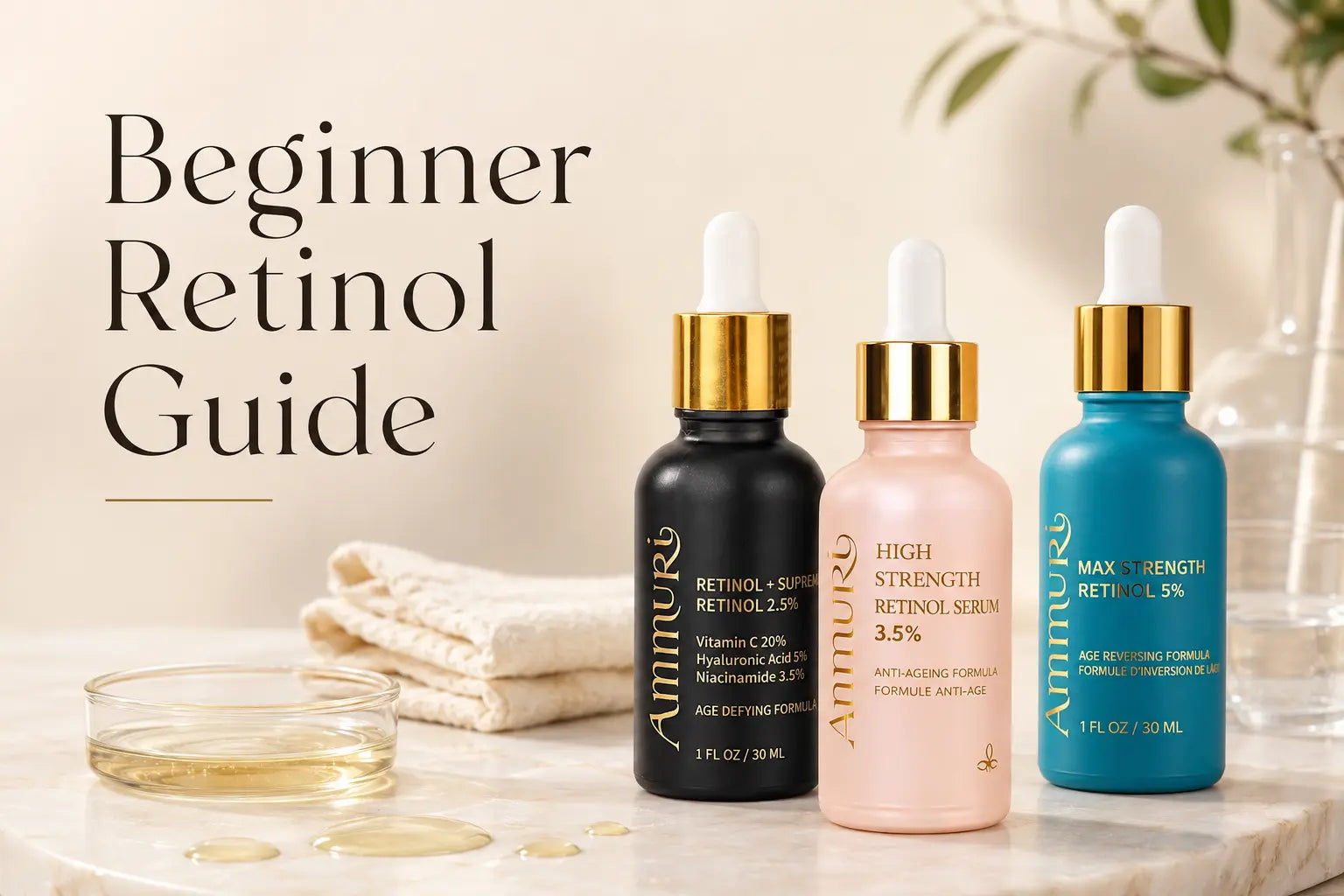 Beginner retinol guide comparing 2.5%, 3.5% and 5% labelled strengths