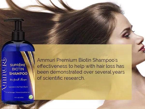 Ammuri Biotin DHT Blocker Shampoo benefits highlighted with a woman showcasing healthy, flowing hair