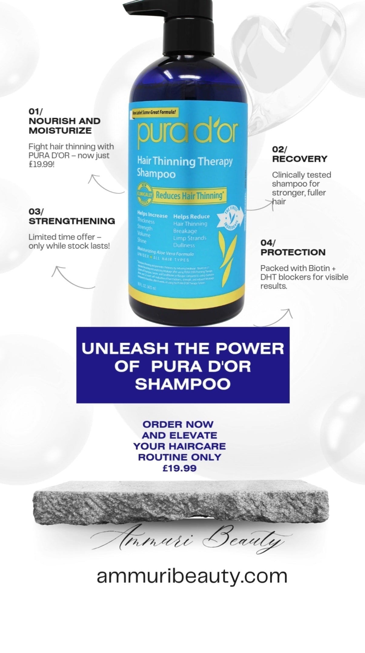 Hair thinning shampoo guide comparing Ammuri and PURA D’OR options in the UK