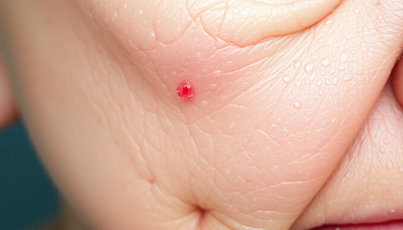 A close-up of aging skin with visible signs