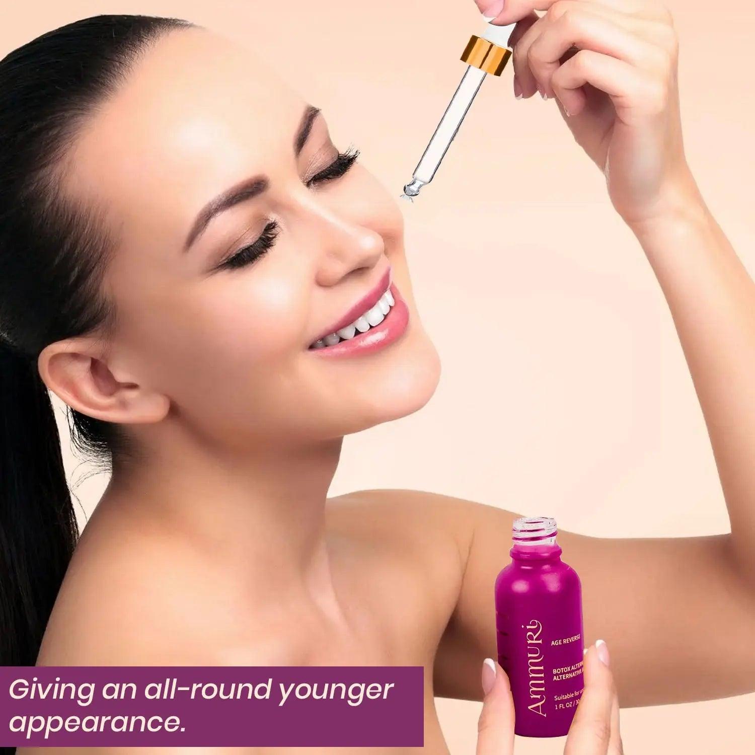 Woman applying a serum from a bottle as a natural wrinkle-freezing peptide for youthful skin