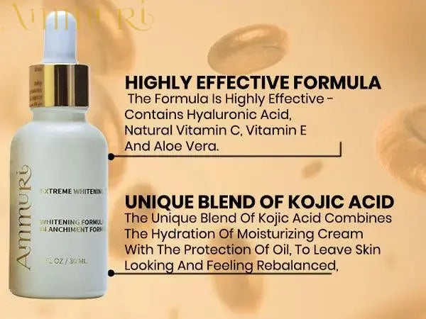 Ammuri Skincare Extreme Whitening Serum in a glass bottle, rich in hyaluronic acid and vitamin E