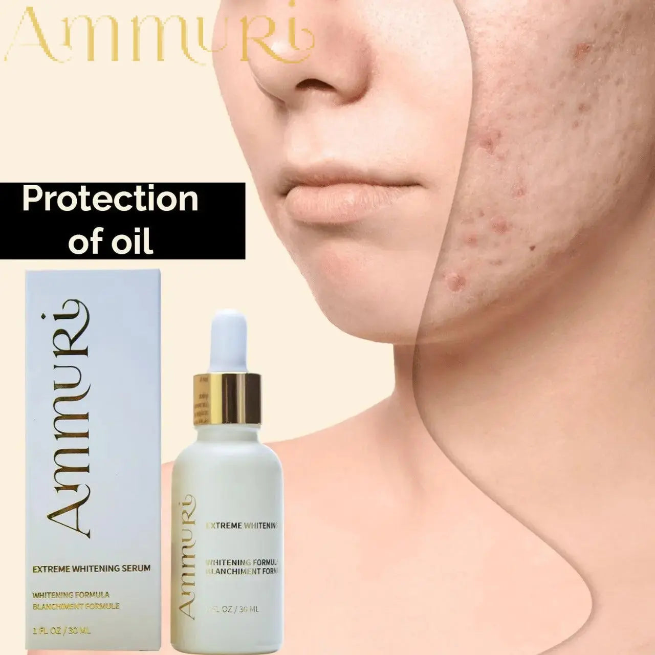 Ammuri extreme whitening serum with dropper and packaging, designed to enhance skin brightness and reduce blemishes