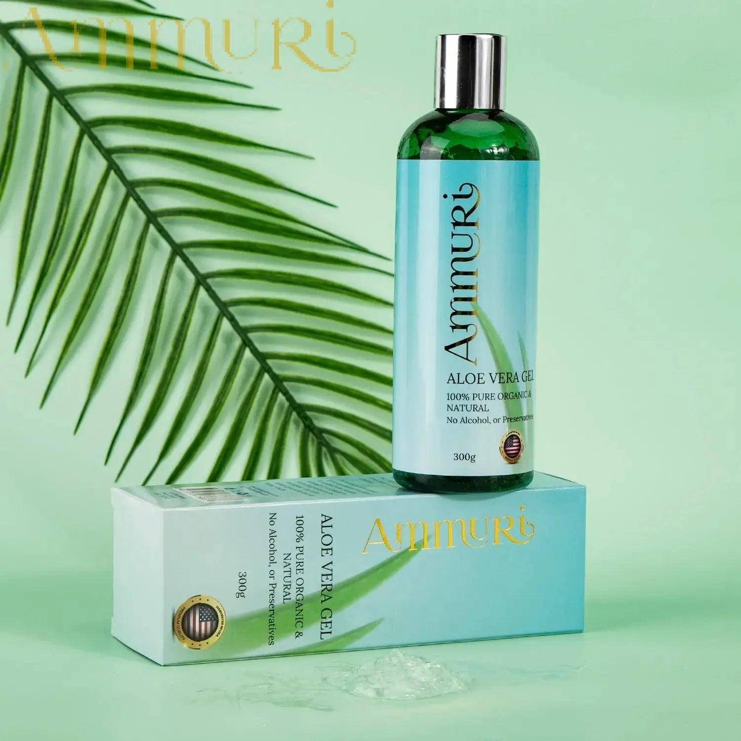 Ammuri Skincare organic aloe vera gel bottle with box and aloe leaf on green background