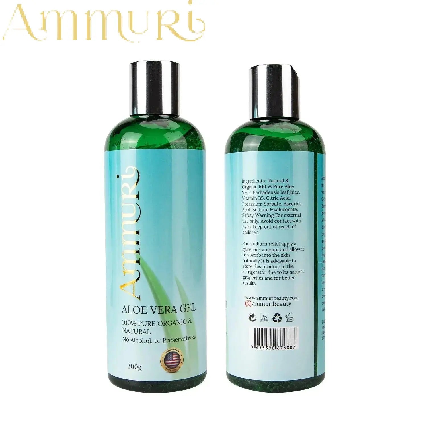 Ammuri Skincare organic aloe vera gel 300g bottle with natural and pure ingredients label