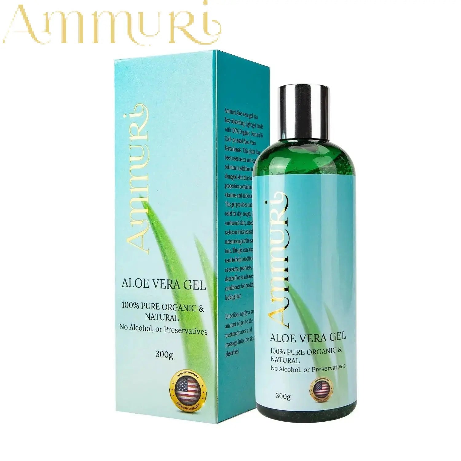 Ammuri Skincare organic aloe vera gel in green bottle with blue box packaging 300g