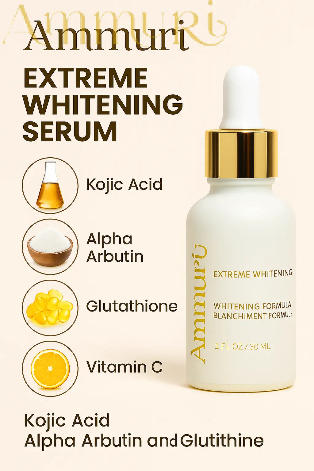 Ammuri Premium Whitening Serum 30ml – Kojic Acid + Tranexamic Acid | Dark Spot & Pigmentation Corrector Ammuri Skincare