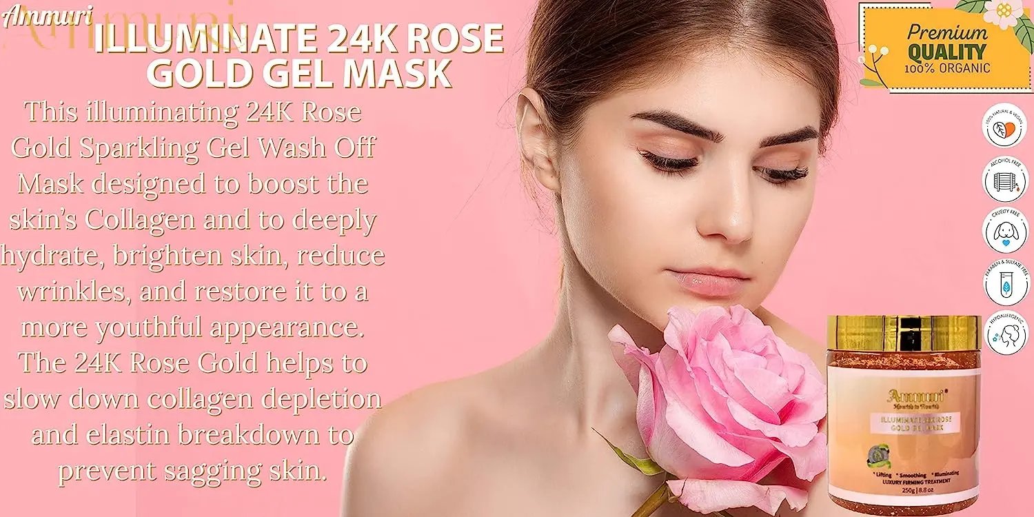 Ammuri Rose Clay 24K Gold Gel Face Mask – Pink Clay with Collagen, Niacinamide & Hyaluronic Acid – Hydrating, Pore Minimizer & Anti-Ageing Skincare, 250g Ammuri Skincare