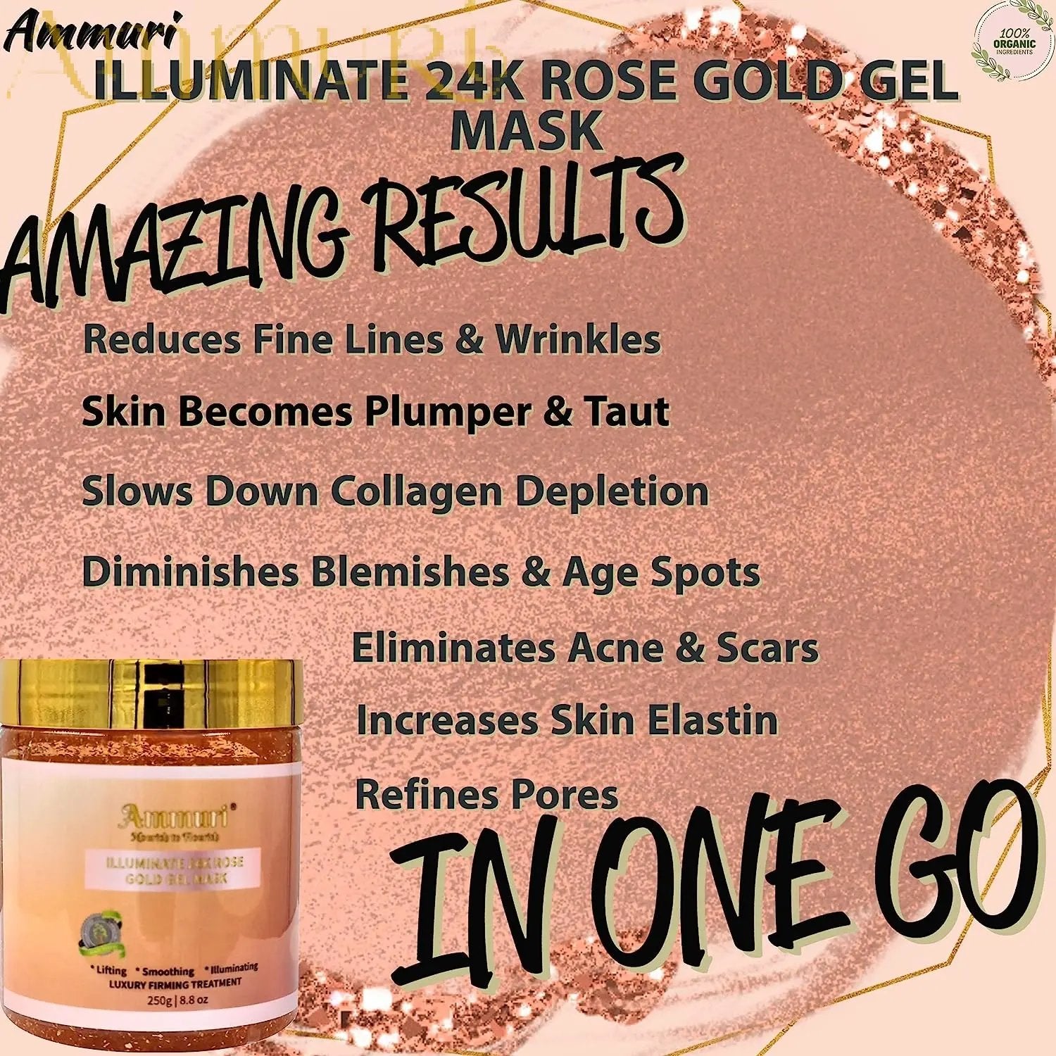 Ammuri Rose Clay 24K Gold Gel Face Mask – Pink Clay with Collagen, Niacinamide & Hyaluronic Acid – Hydrating, Pore Minimizer & Anti-Ageing Skincare, 250g Ammuri Skincare