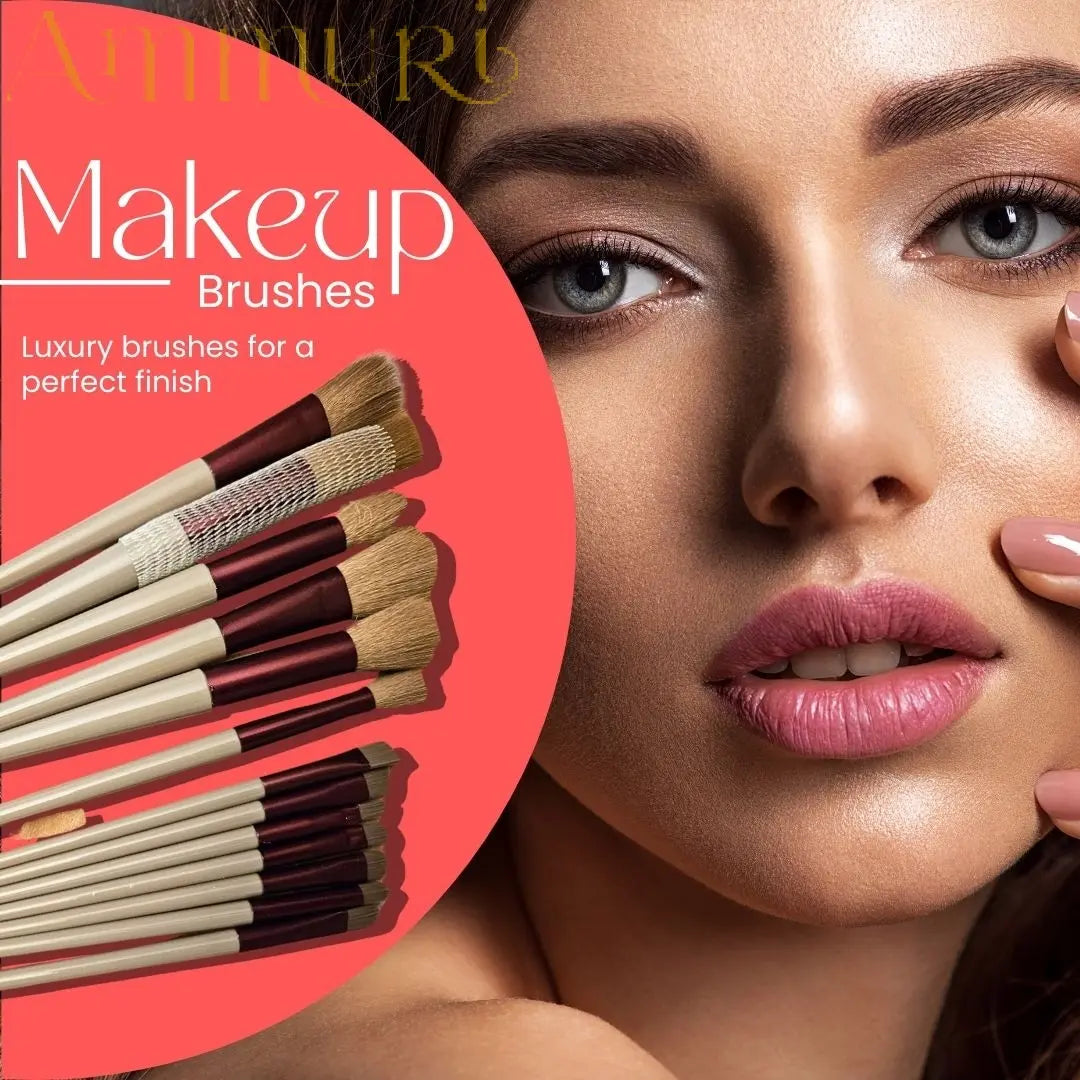 Ammuri Skincare 13-Piece Professional Vegan Makeup Brush Set with Pine & Burgundy Finish and Travel Pouch Ammuri Skincare