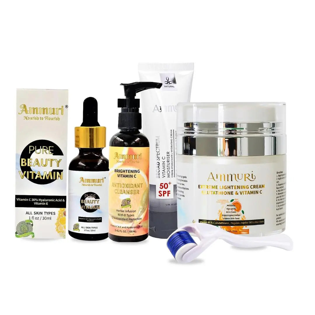 Ammuri Ultimate Radiance Skincare Package | Vitamin C Day Cream SPF 50, Vitamin C Cleanser, Vitamin C Serum, Extreme Whitening Cream, Derma Roller Kit Ammuri Skincare