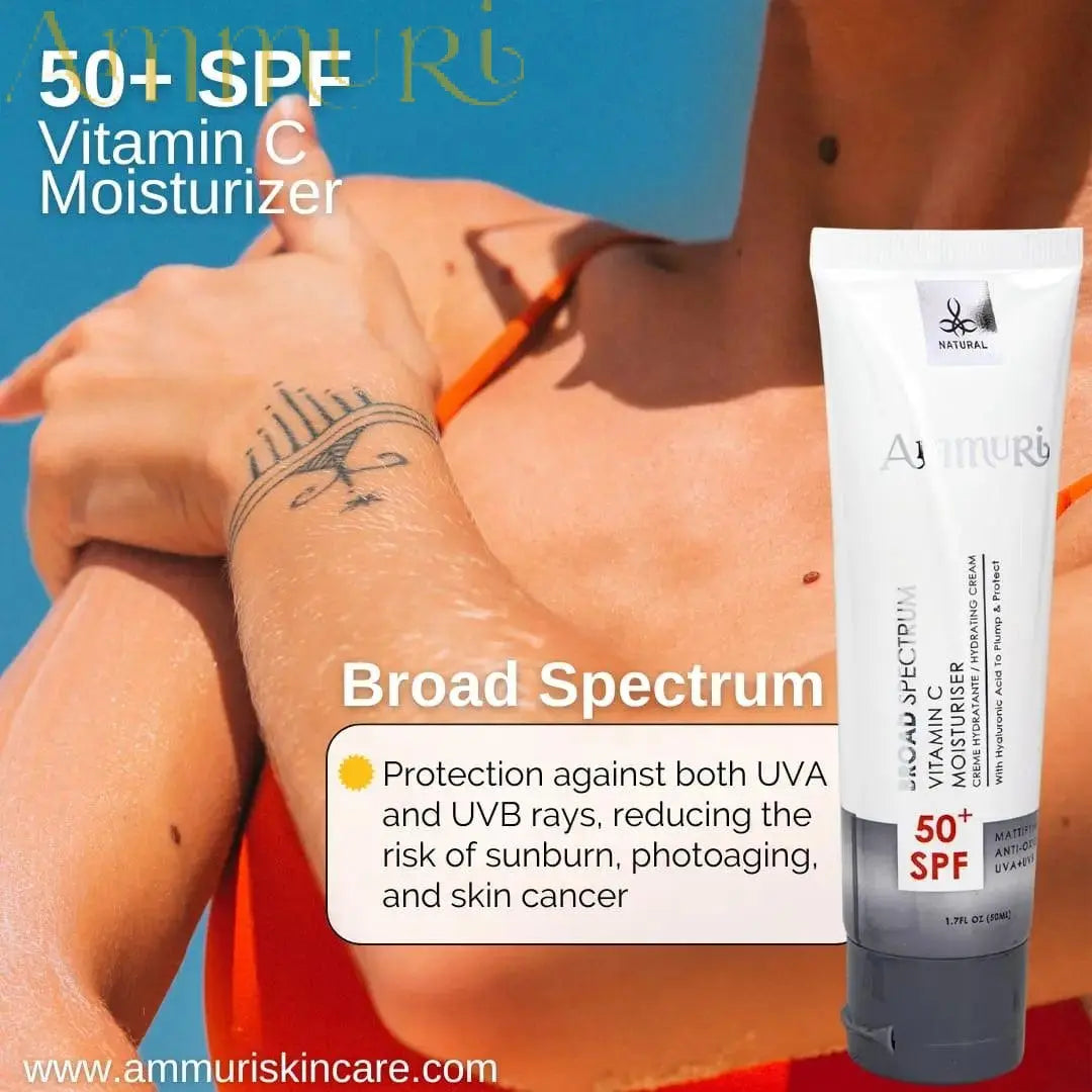 Ammuri Aurora Vitamin C Moisturiser SPF30 tube with a person applying sunscreen on their arm, featuring Vitamin C day serum SPF50