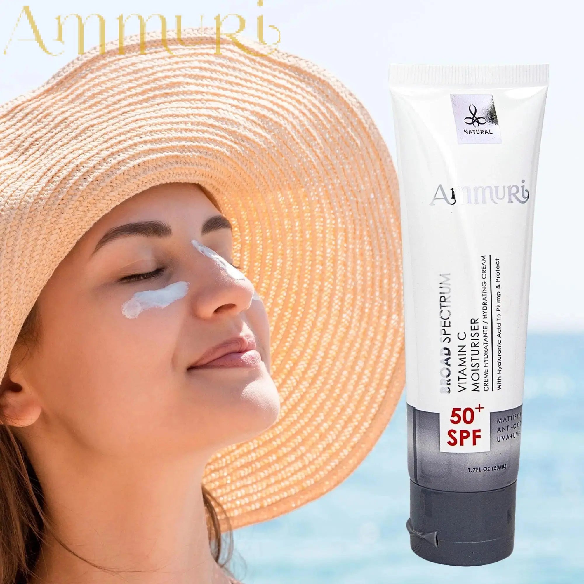 AMMURI Aurora Vitamin C Moisturiser SPF30 tube next to woman applying Vitamin C day serum SPF50 with sun hat at the beach