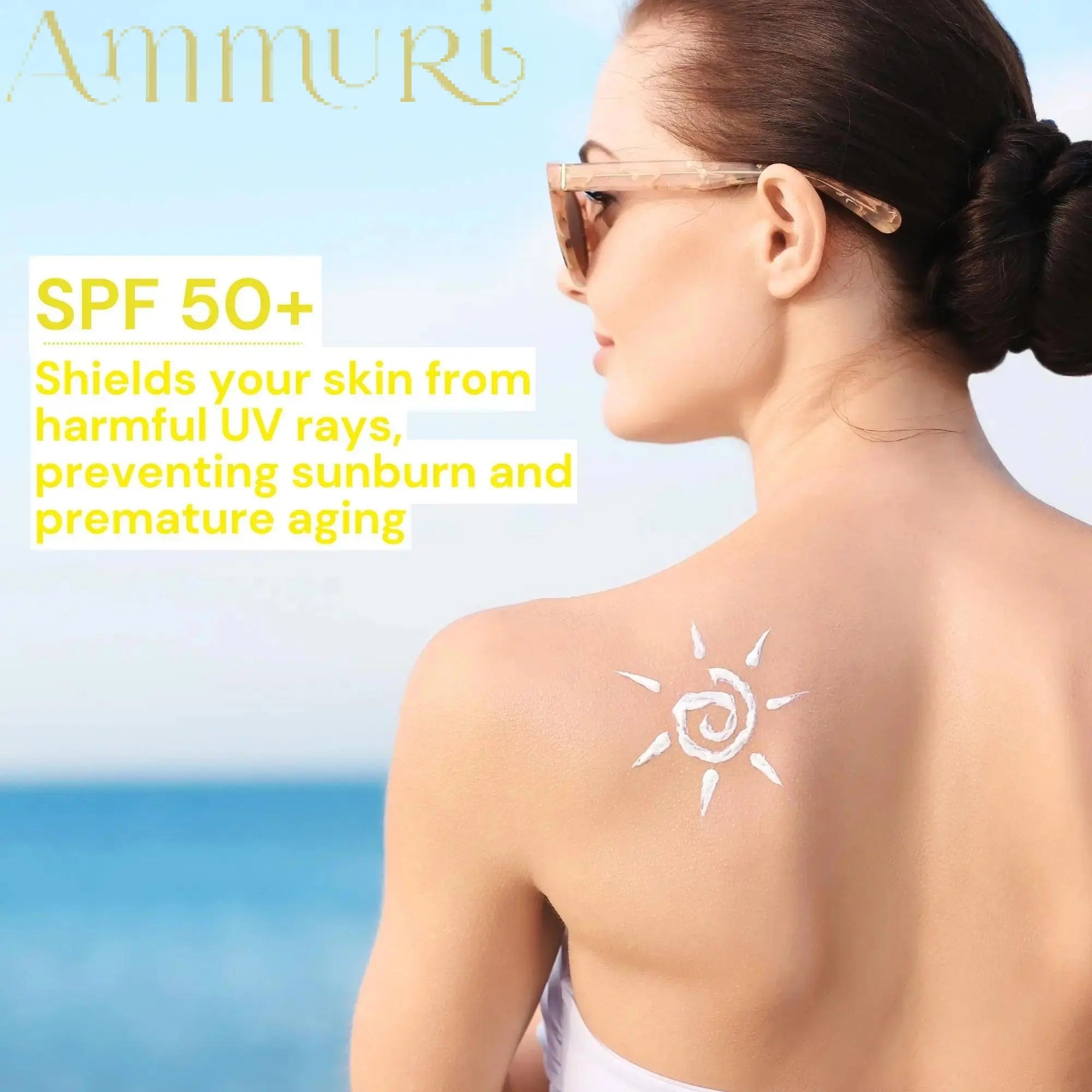 Woman at the beach with sunblock sun design on shoulder promoting Vitamin C day serum SPF50