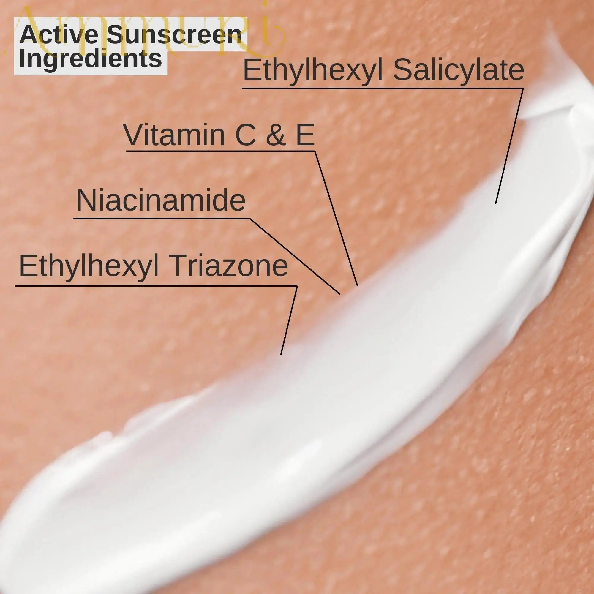 Close-up of AMMURI AURORA Vitamin C day serum SPF50 showing white cream texture with active sunscreen ingredients
