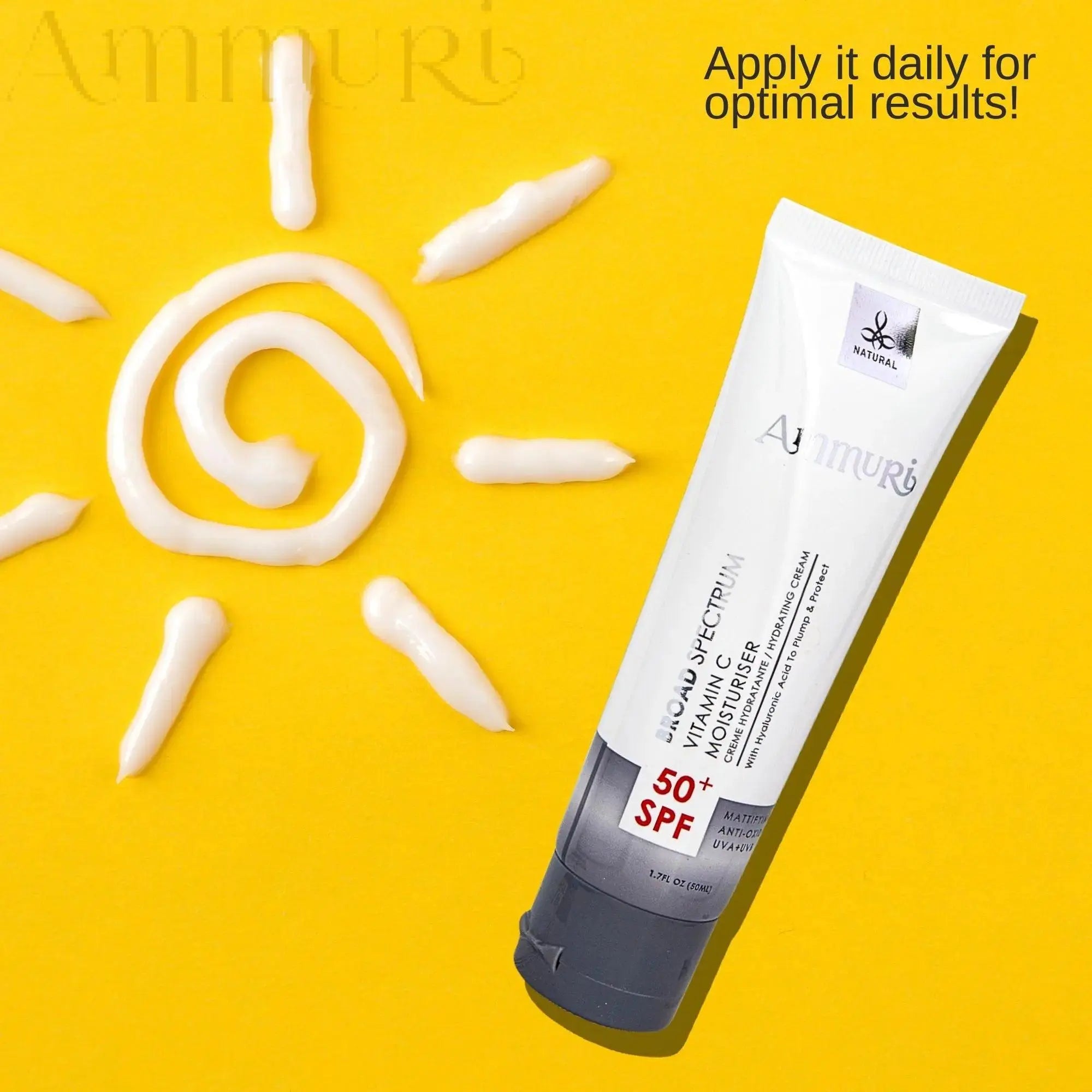 Ammuri Aurora Vitamin C Moisturiser SPF30 tube with cream shaped like a sun on yellow background Vitamin C day serum SPF50