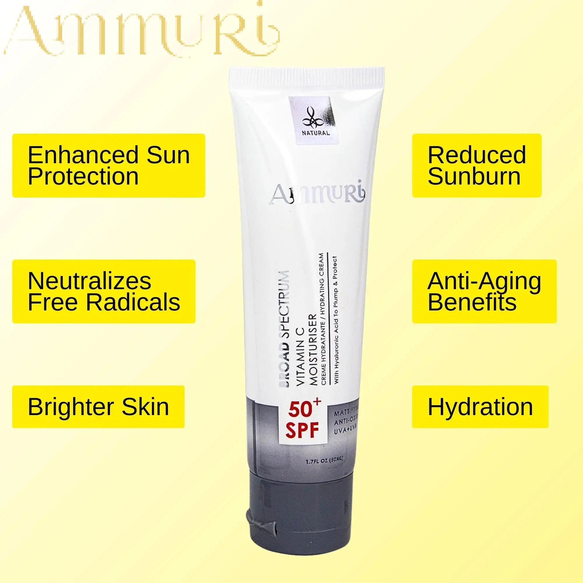 AMMURI Aurora Vitamin C day serum SPF50 moisturizer tube with enhanced sun protection and anti-aging benefits