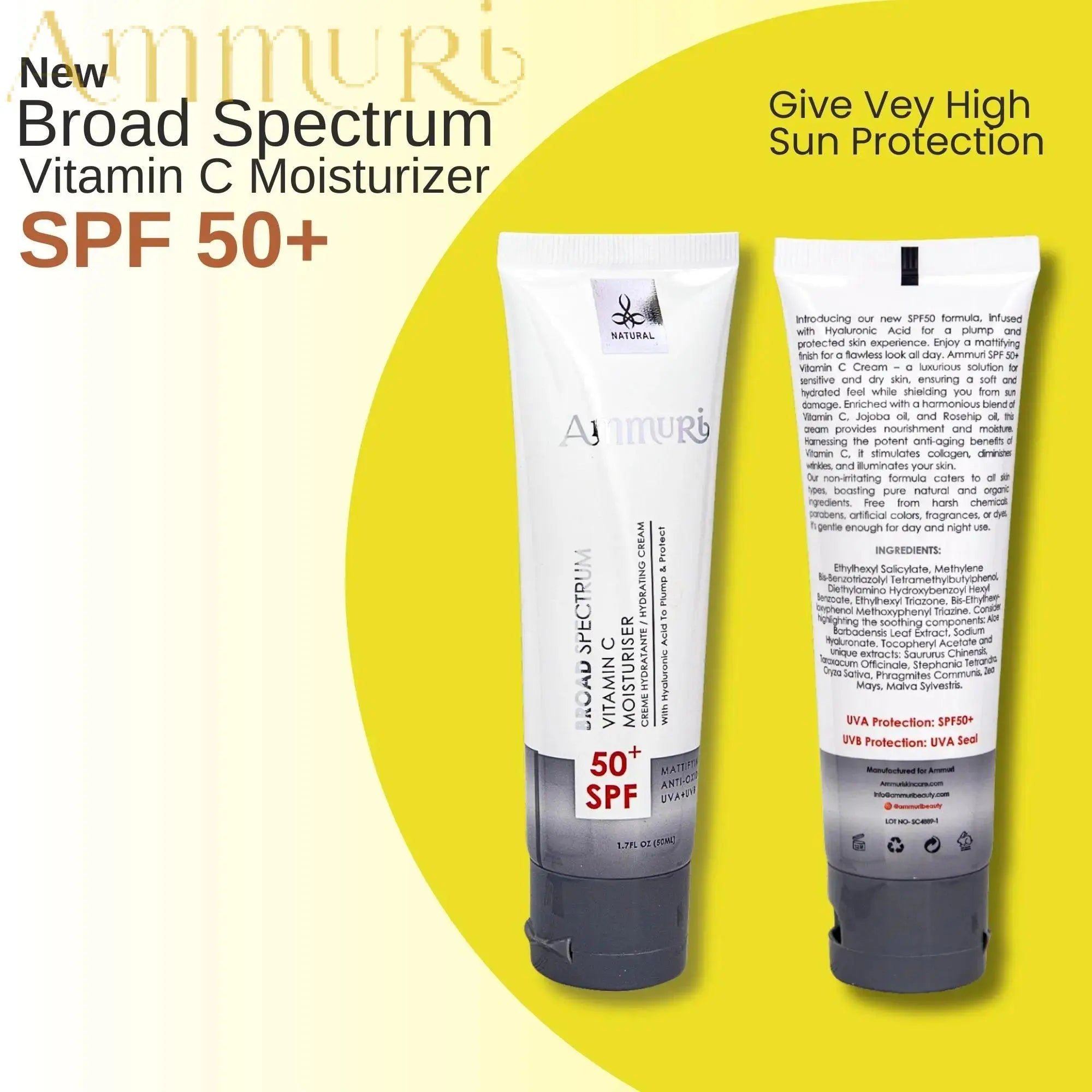Ammuri Aurora Vitamin C Moisturiser SPF30 showing front and back tubes with broad spectrum SPF 50 plus labeled Vitamin C day serum SPF50