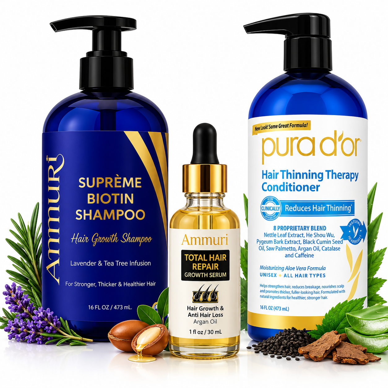 Ammuri hair-care trio with Biotin Shampoo, hair serum and conditioner
