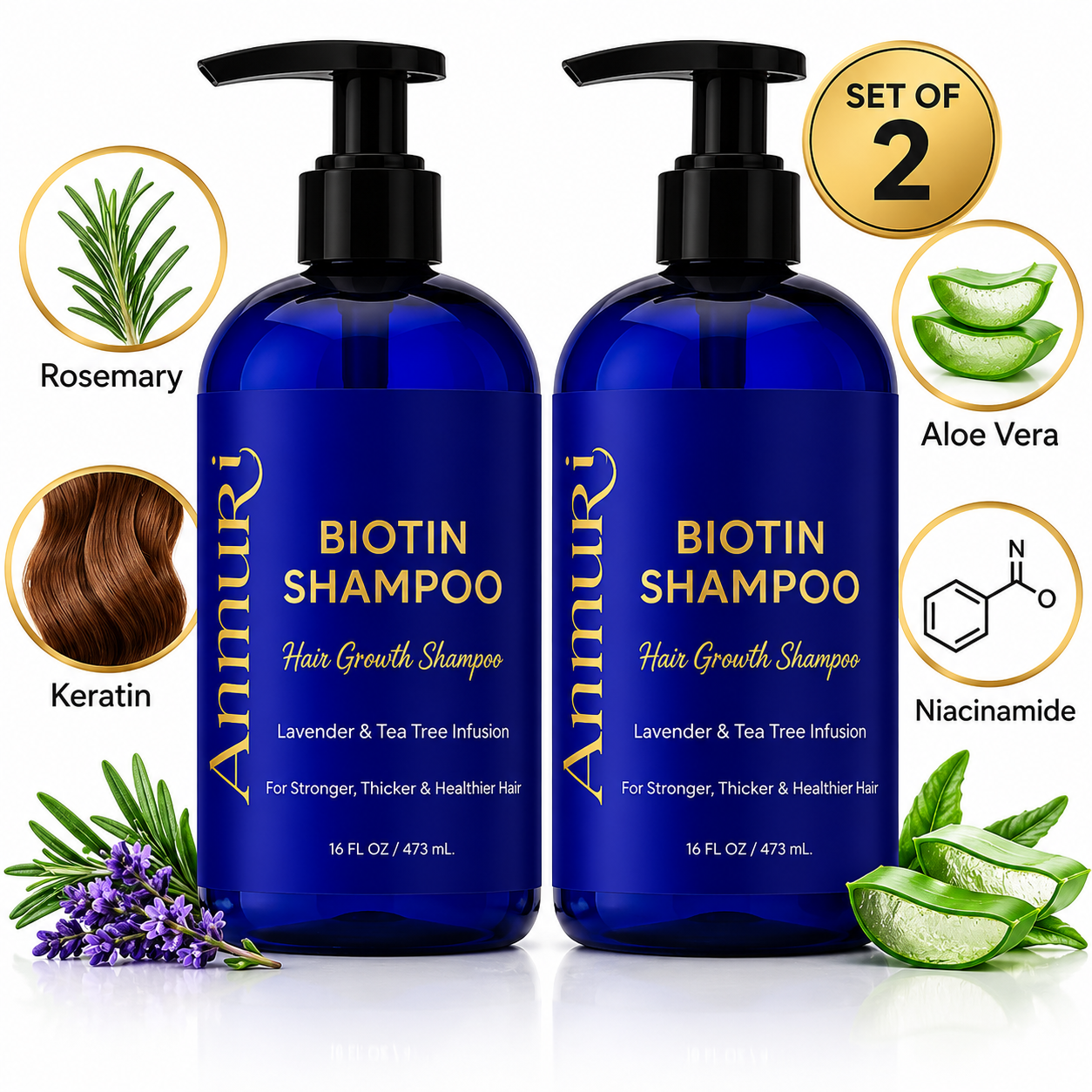 Ammuri Biotin & Caffeine Shampoo twin pack with botanical ingredient information