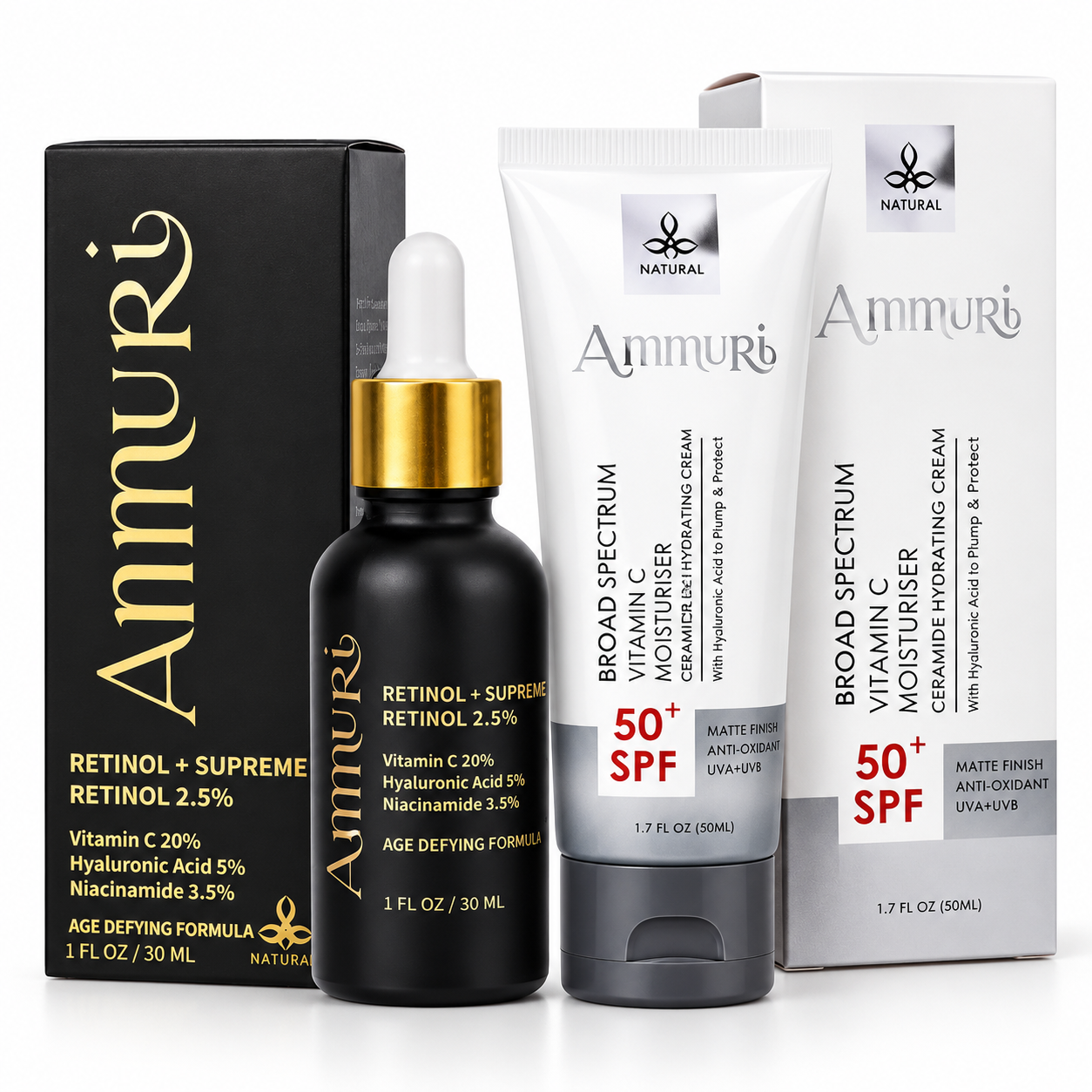 Ammuri Retinol 2.5% Serum with Vitamin C SPF50 Day Cream skincare duo