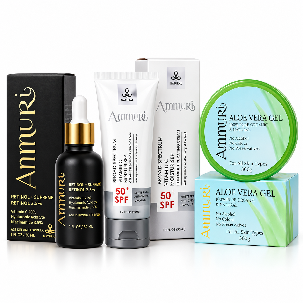 Ammuri Retinol 2.5% Serum, Aloe Vera Gel and SPF50 day cream routine set