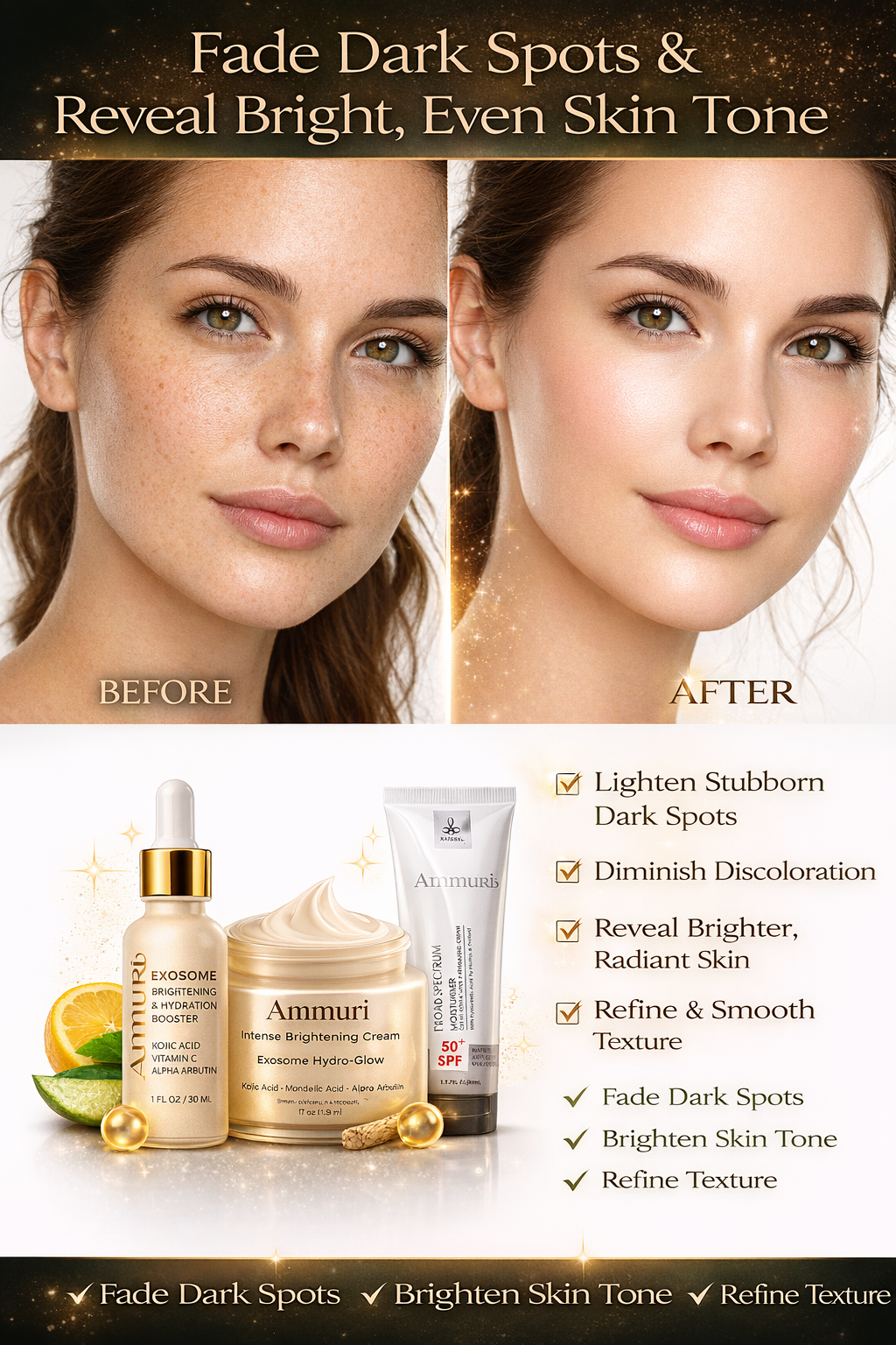 Ammuri Lightening Permanent Whitening Set Kojic Acid Serum Exosome Cream SPF 50