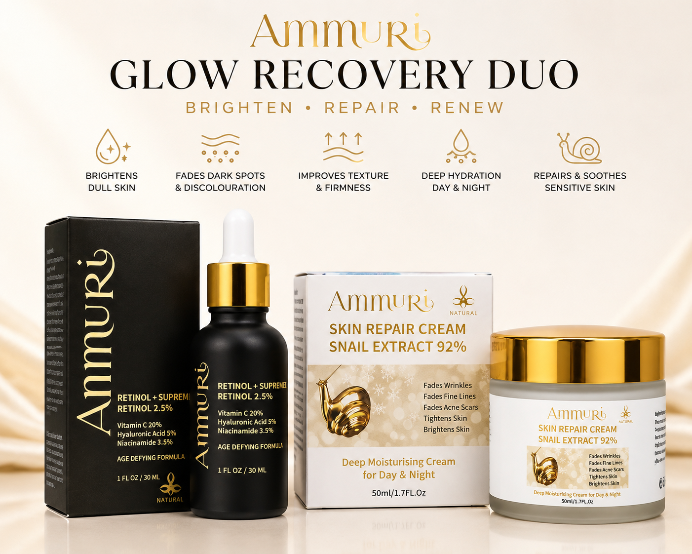 Ammuri Retinol Recovery Duo – Retinol 2.5% Serum + Snail Mucin Cream