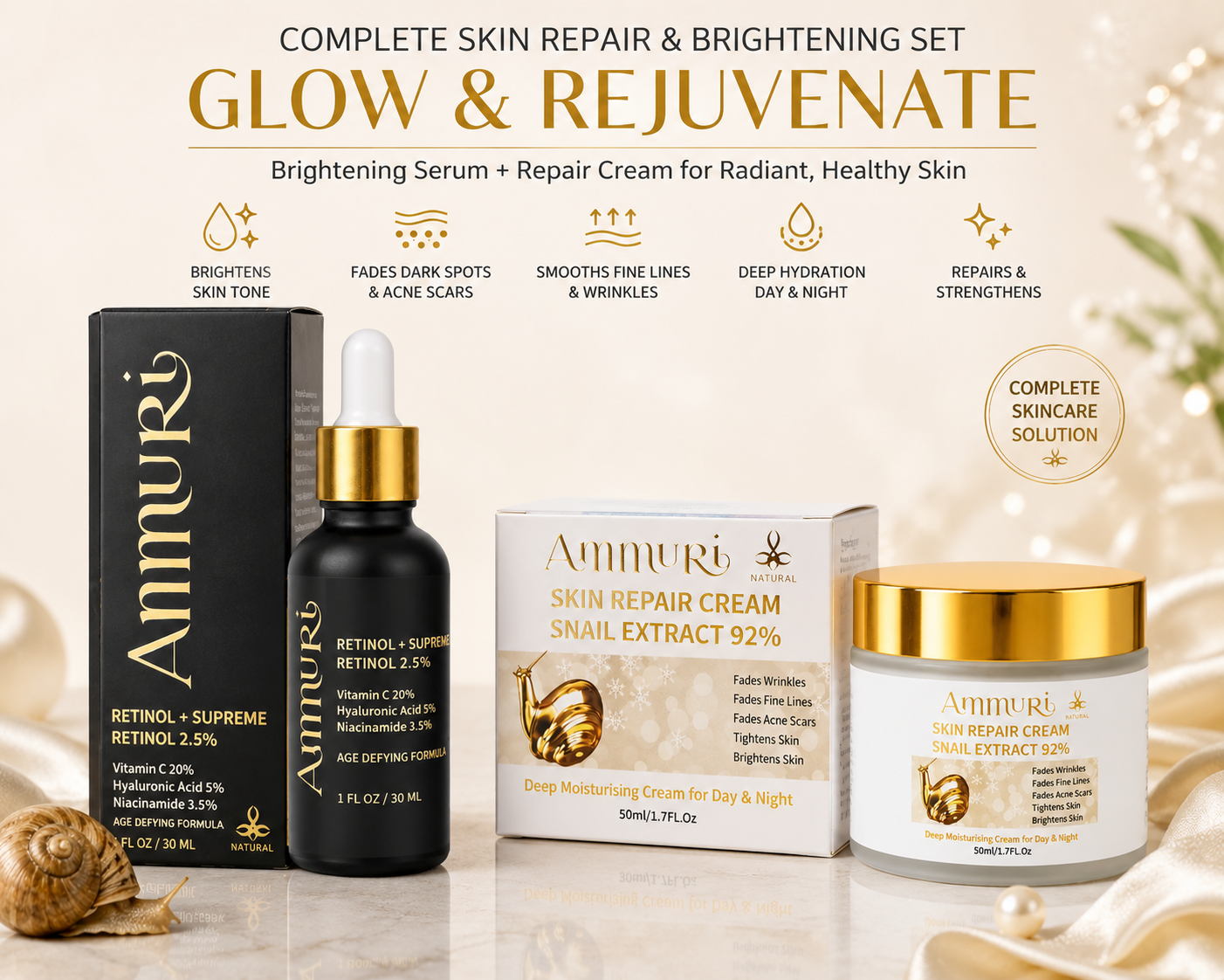 Ammuri Retinol Recovery Duo – Retinol 2.5% Serum + Snail Mucin Cream