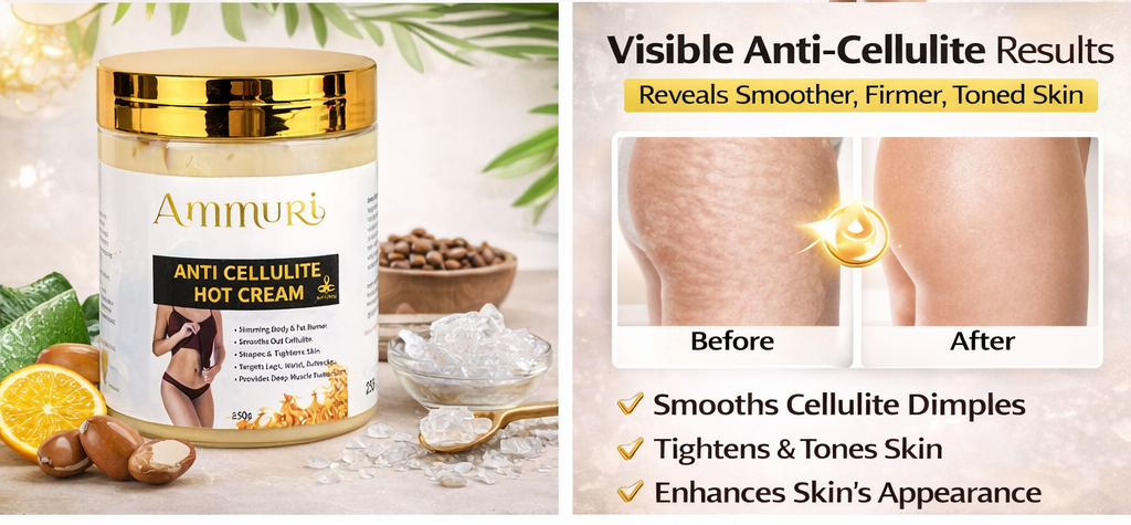 Advertisement for Ammud Anti Cellulite Hot Cream with before and after images, ingredients, and benefits.