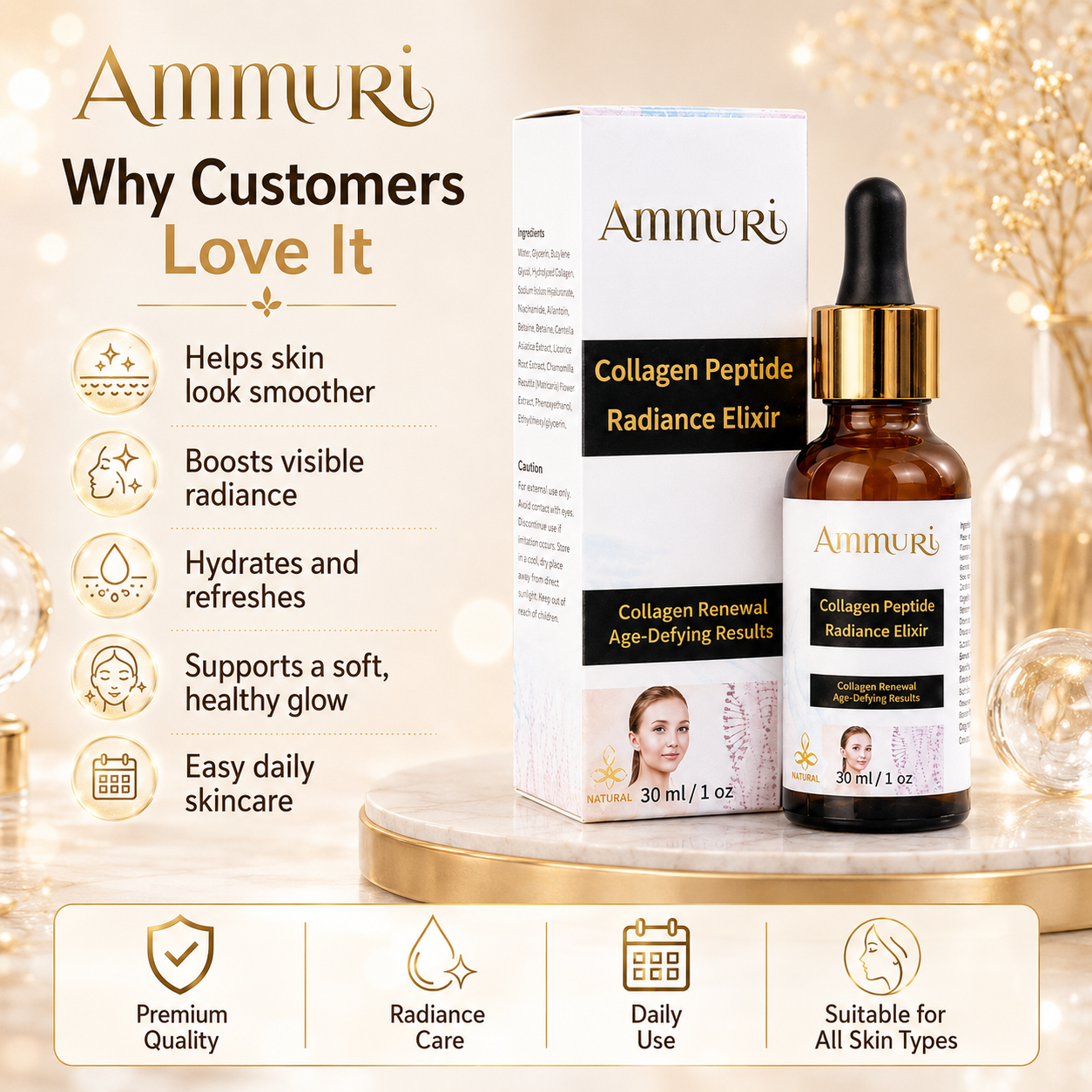 Ammuri Collagen Peptide Face Serum 30ml | Hydration, Smoothness & Firmness
