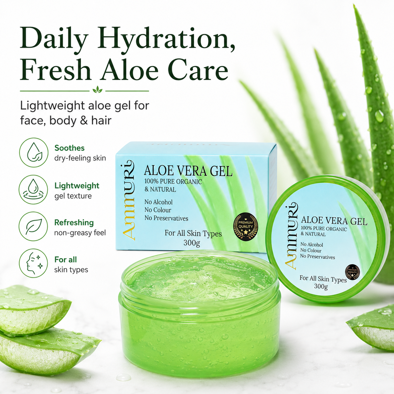 Ammuri Organic Aloe Vera Gel 300g Jar – Face, Body & Hair Hydration