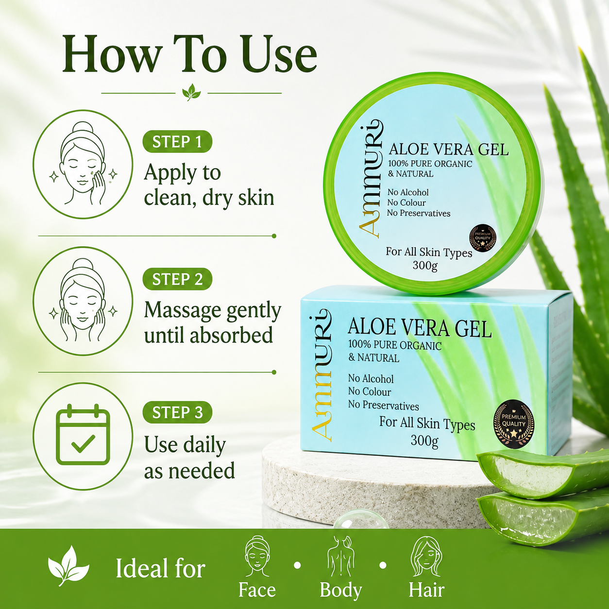 Ammuri Organic Aloe Vera Gel 300g Jar – Face, Body & Hair Hydration