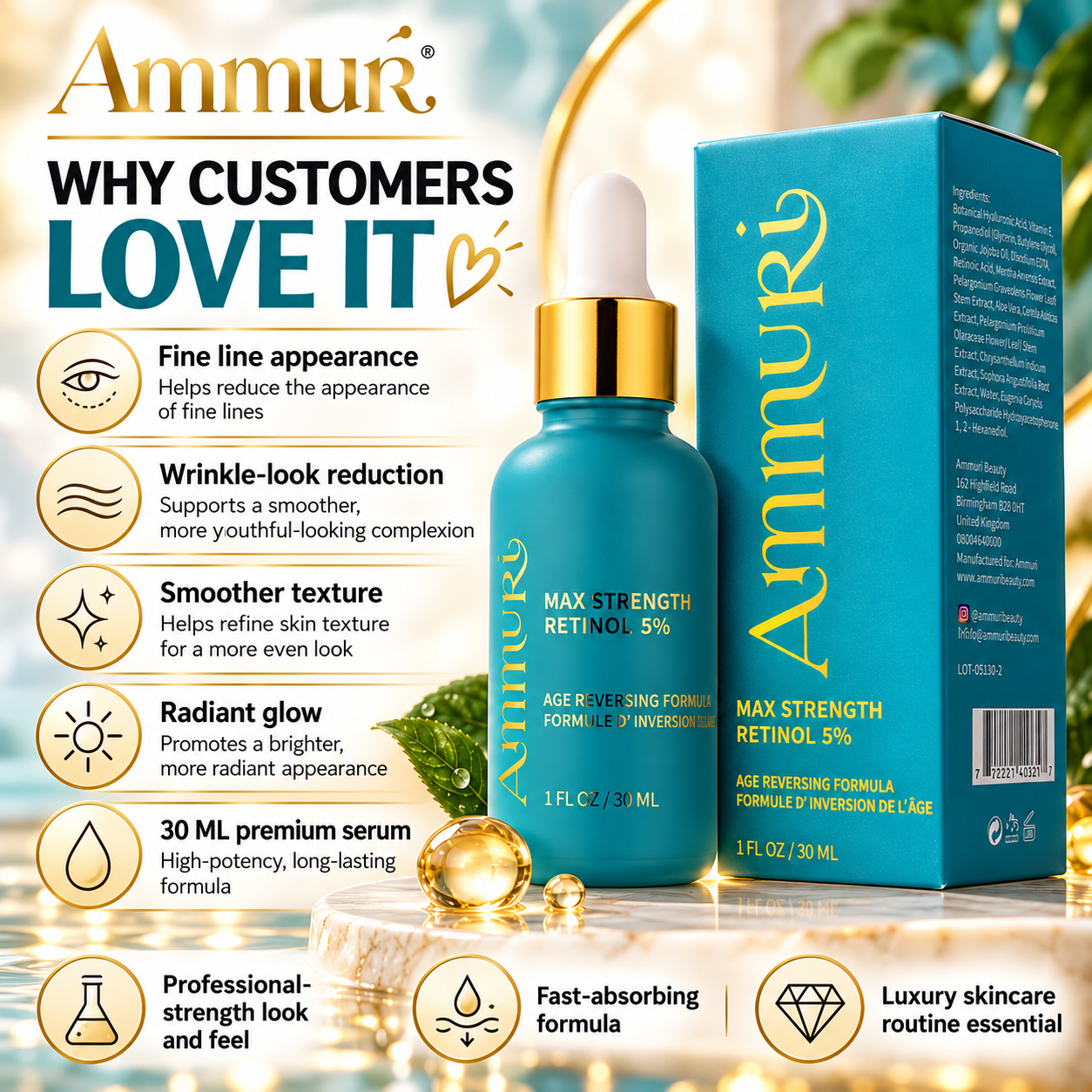 Ammuri Retinol 5% Face Serum 30ml | High-Strength Evening Renewal