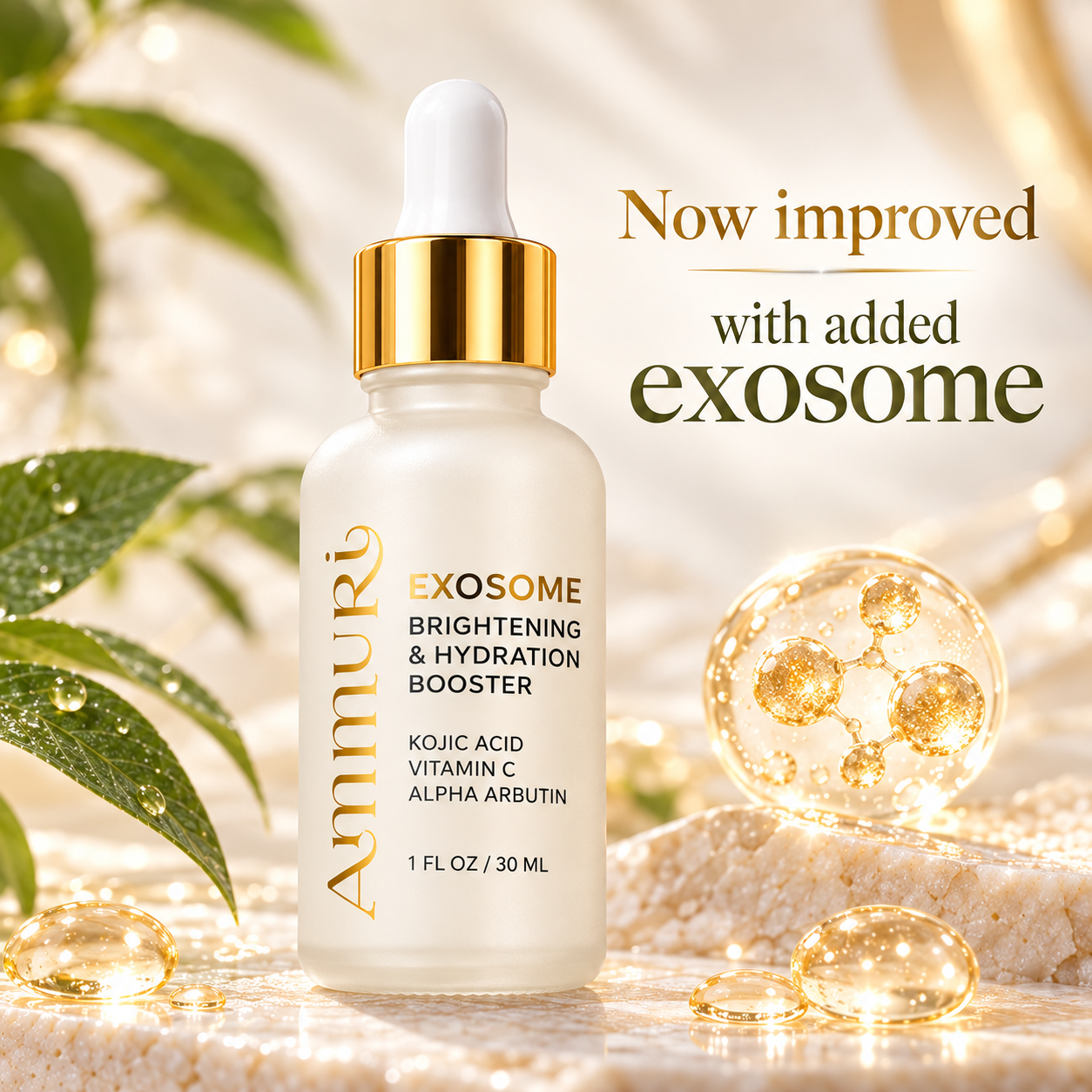 Ammuri Exosome Brightening and Hydration Booster bottle beside text reading Now improved with added exosome.
