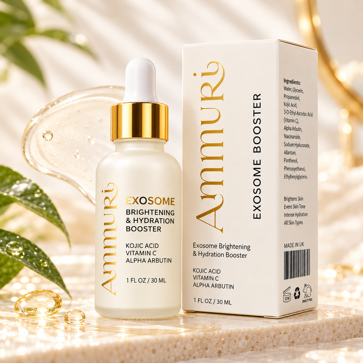 Ammuri Exosome Brightening and Hydration Booster bottle beside its carton in a skincare display.