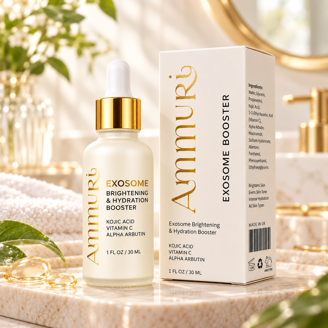 Ammuri Exosome Brightening and Hydration Booster 30ml bottle and matching carton.