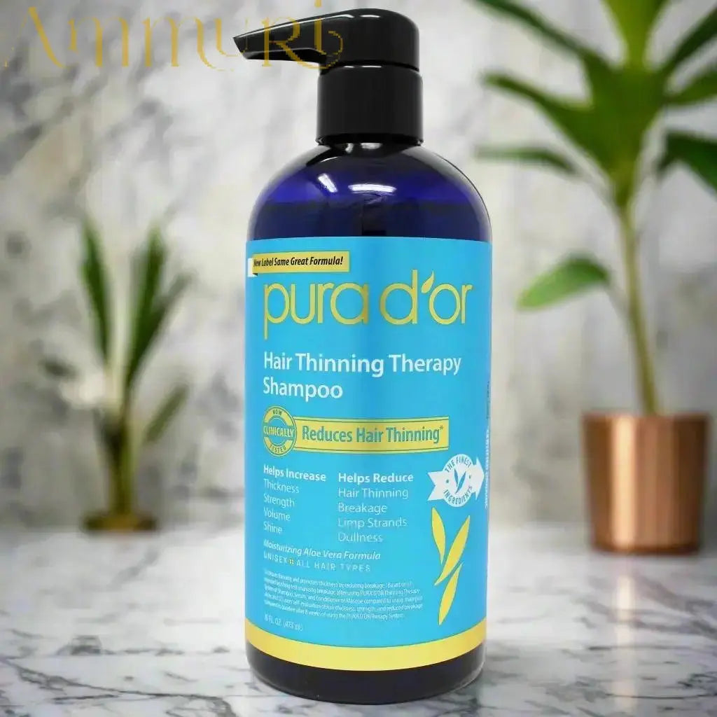 Pura d'or Hair Thinning Therapy Shampoo bottle suitable for hair loss treatments with argan oil shampoo for hair growth