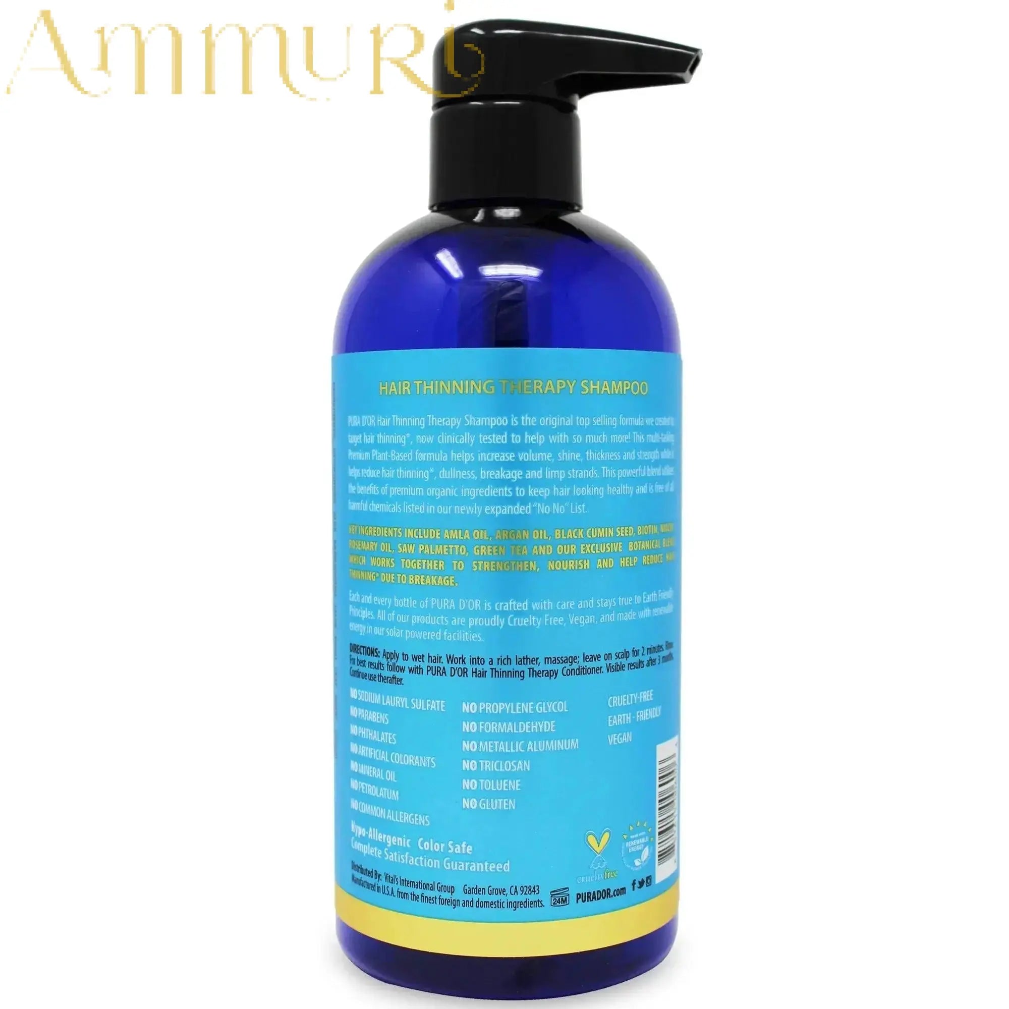 Ammuri Skincare argan oil shampoo for hair growth in blue pump bottle for hair thinning therapy