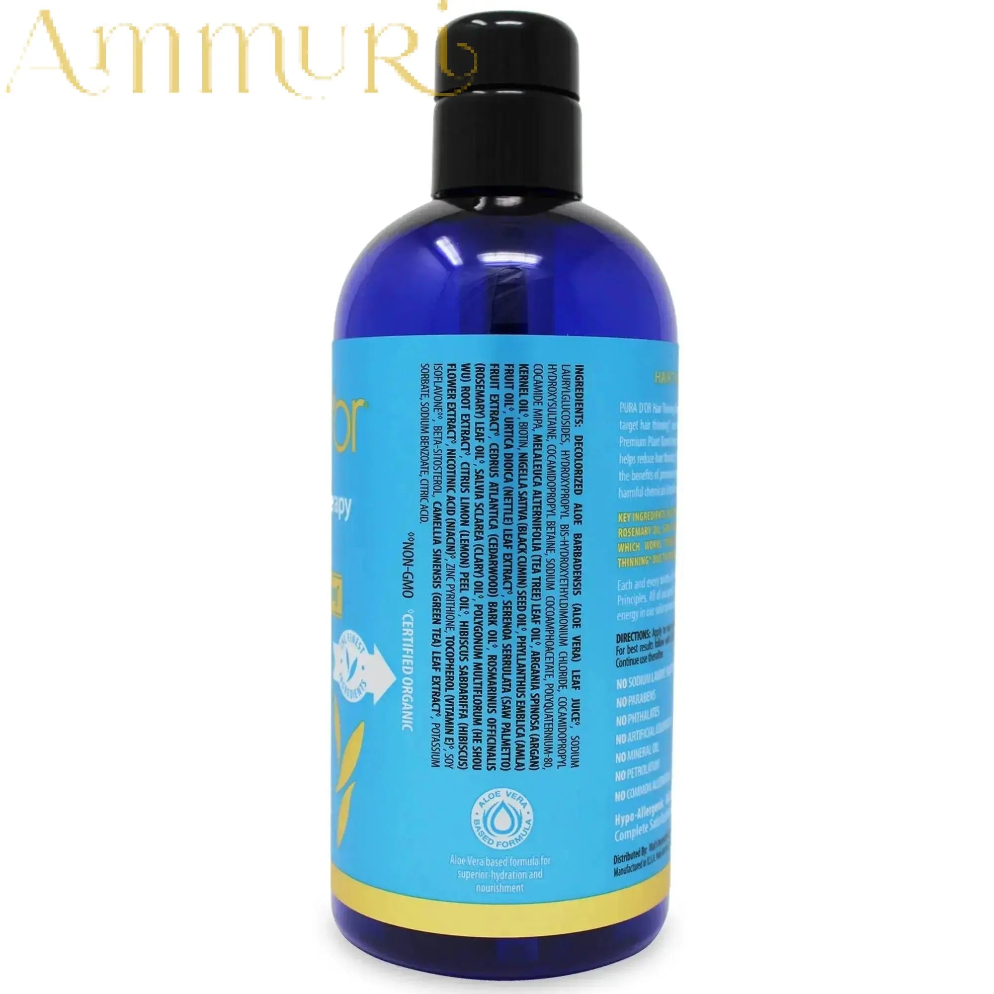 Ammuri Skincare blue bottle argan oil shampoo for hair growth with black cap and ingredient label