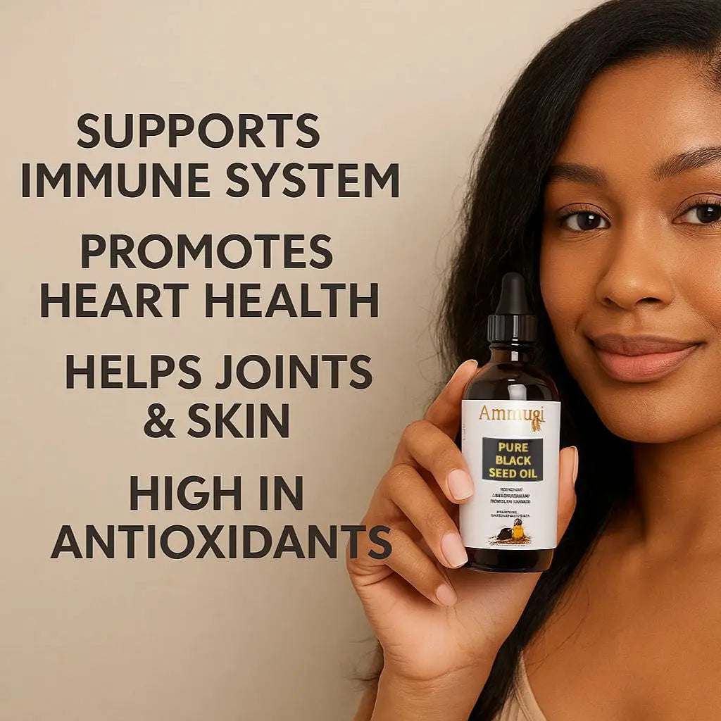 Ammuri Skincare pure black seed oil cold pressed bottle held by a woman showcasing its benefits for health