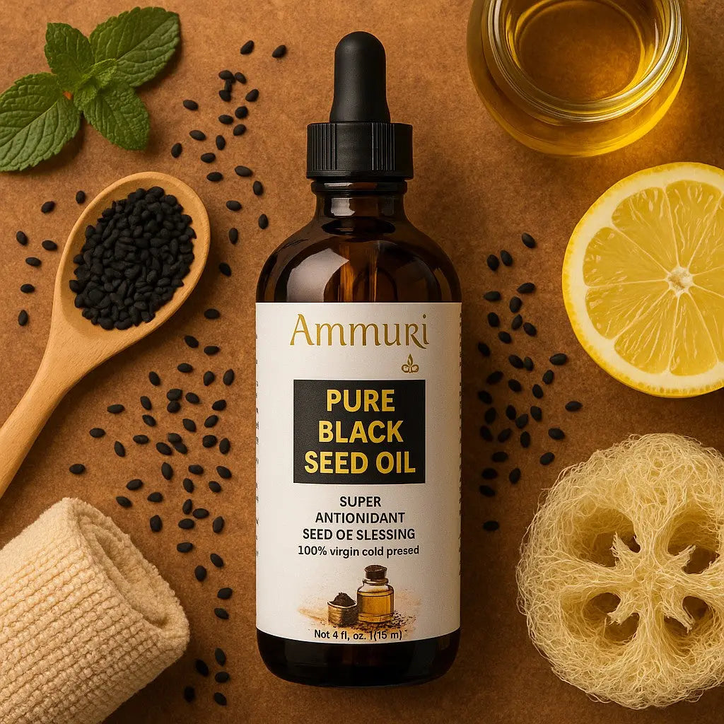 Ammuri PURE BLACK SEED OIL cold pressed in a glass bottle with lemon and black seeds on a wooden background