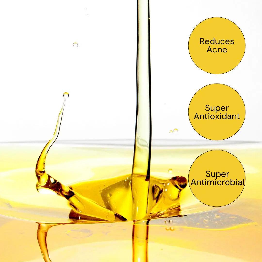 Ammuri Skincare pure black seed oil cold pressed pouring into a clear container with benefits highlighted