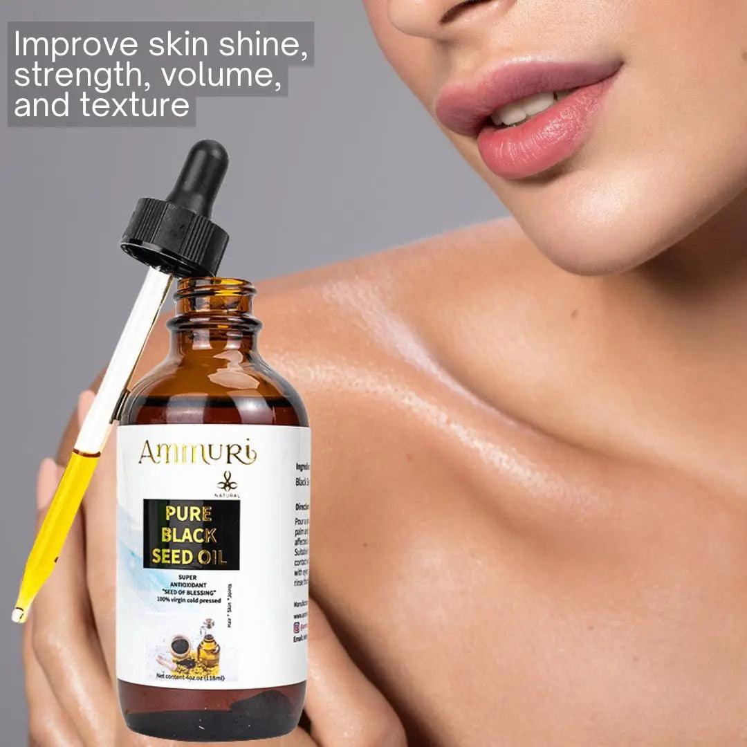 Ammuri Skincare Pure Black Seed Oil Cold Pressed in amber bottle, promoting skin shine, strength, and texture