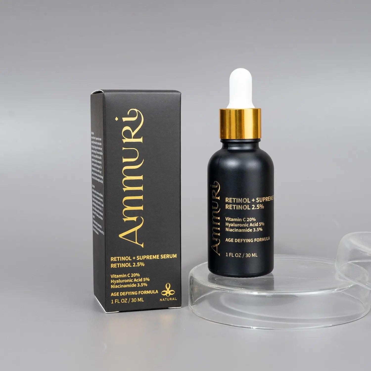 Ammuri Pro-Retinol 2.5% Face Serum with Vitamin C and niacinamide in a sleek black bottle