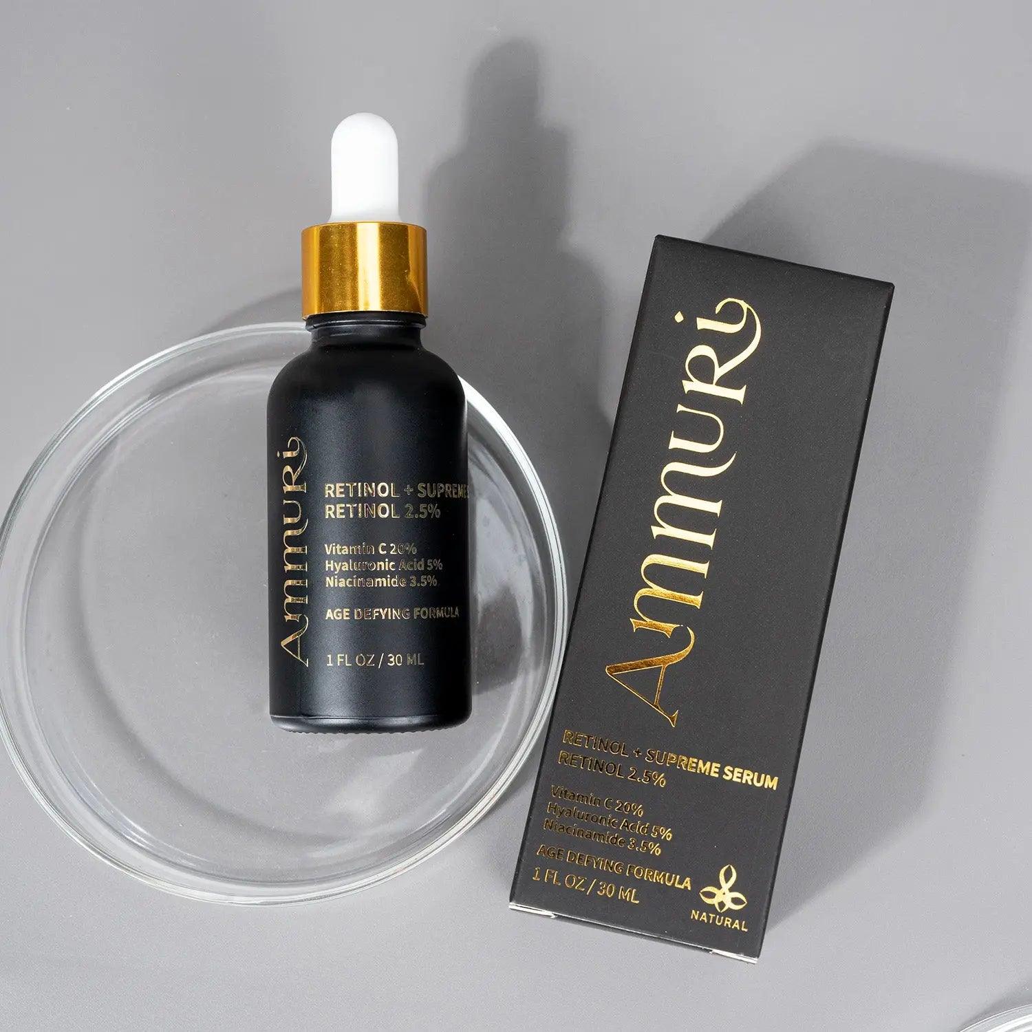 Ammuri Pro-Retinol 2.5% Face Serum with Vitamin C and Niacinamide in a glass dropper bottle