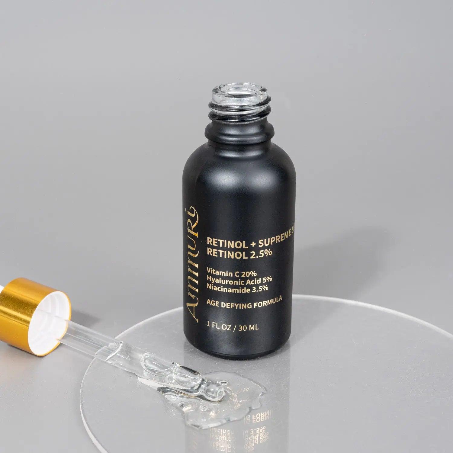 Ammuri Pro-Retinol 2.5% Face Serum bottle with dropper, featuring retinol serum with vitamin C and niacinamide