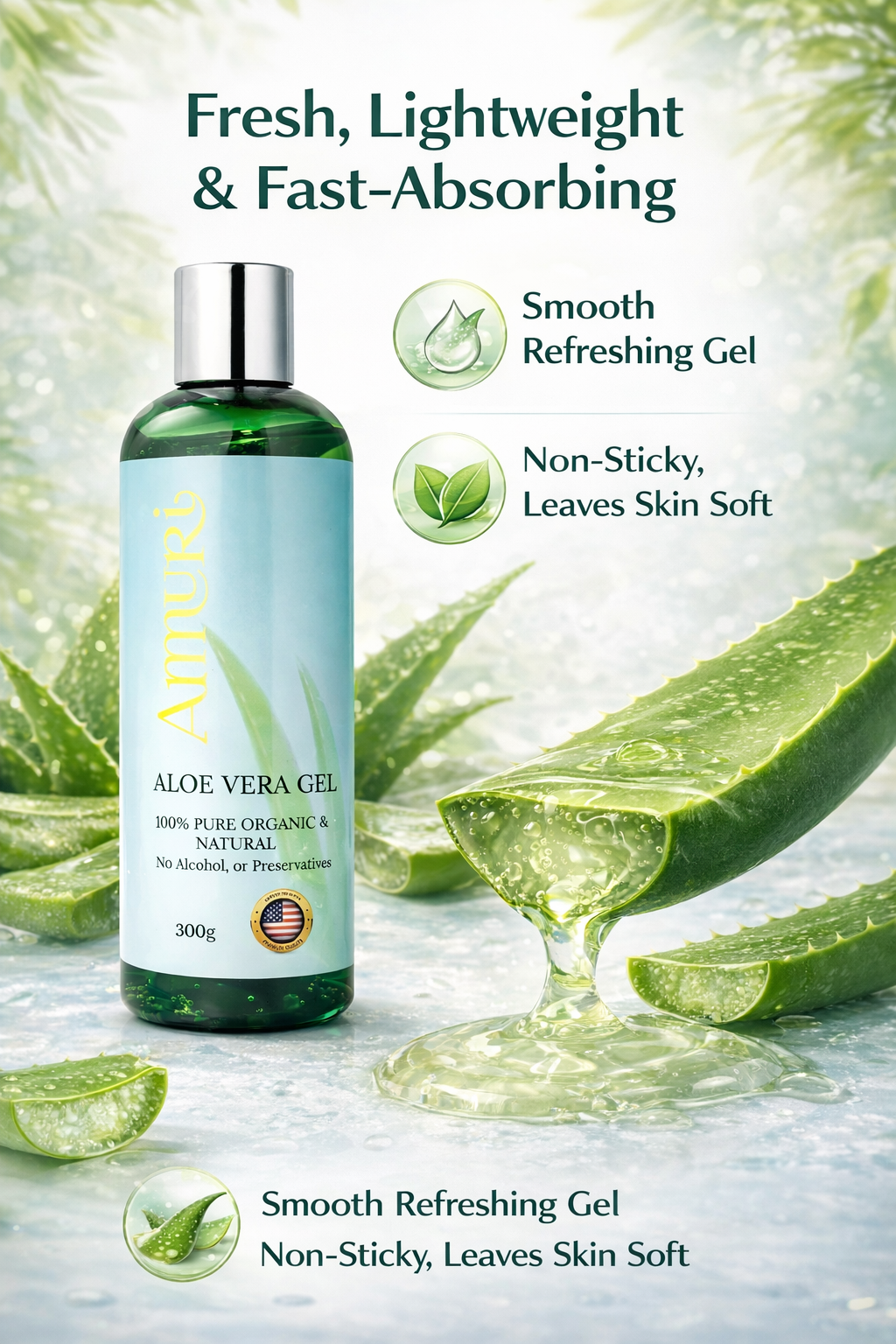 Ammuri Organic Aloe Vera Gel 300g - Pure Natural Pack Of 5 for Face & Body